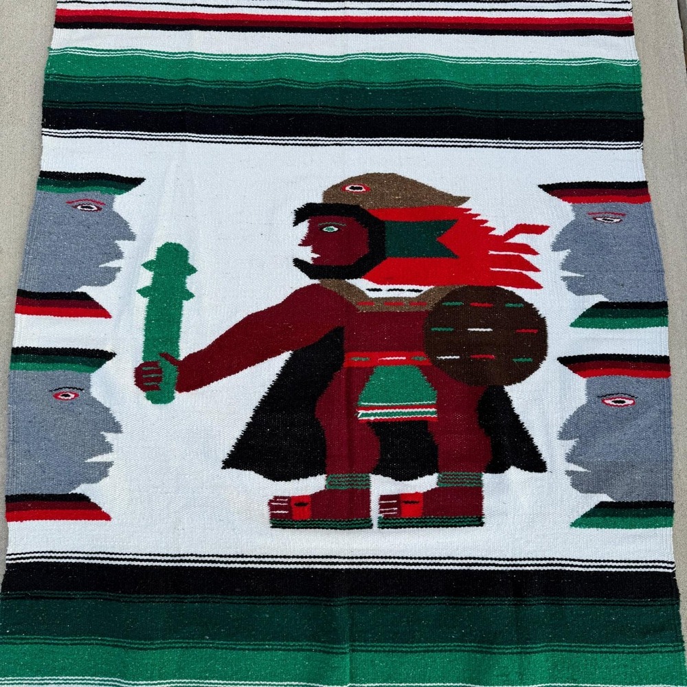 Vintage Mexican Aztec Warrior Woven Wool Serape Rug Tapestry Blanket 82x44